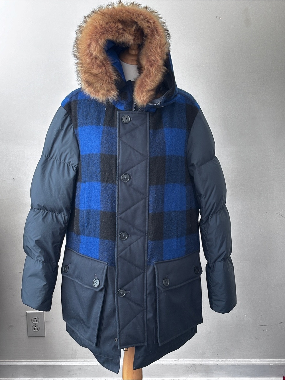 Woolrich Blue & Black Plaid Puffer Parka with Fur Hood